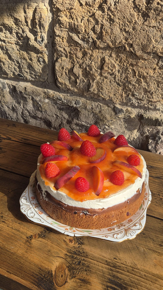 Current seasonal cake- Peach & raspberry yoghurt cake